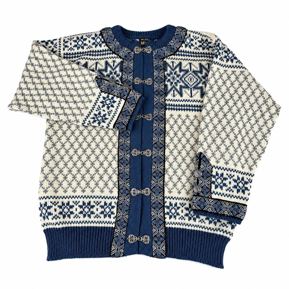 Vintage Dale of Norway Wool Cardigan Womens M Blue Fair Isle Nordic Pewter Clasp